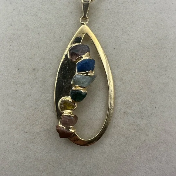 Oval/Teardrop Gold Plated Chakra Stone Pendant Necklace on Box Chain - Picture 4 of 7
